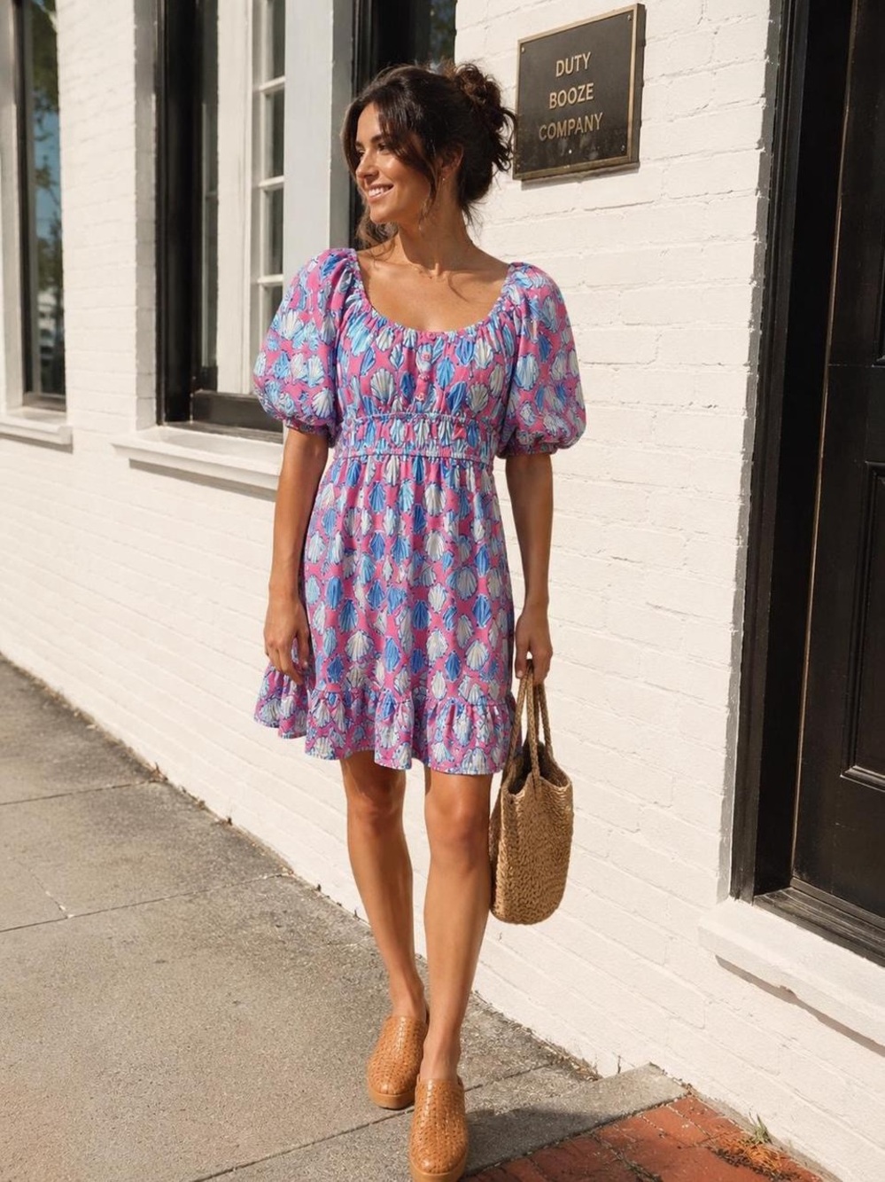 Simply Southern Pink & Blue Puff-Sleeve Smocked Mini Dress
